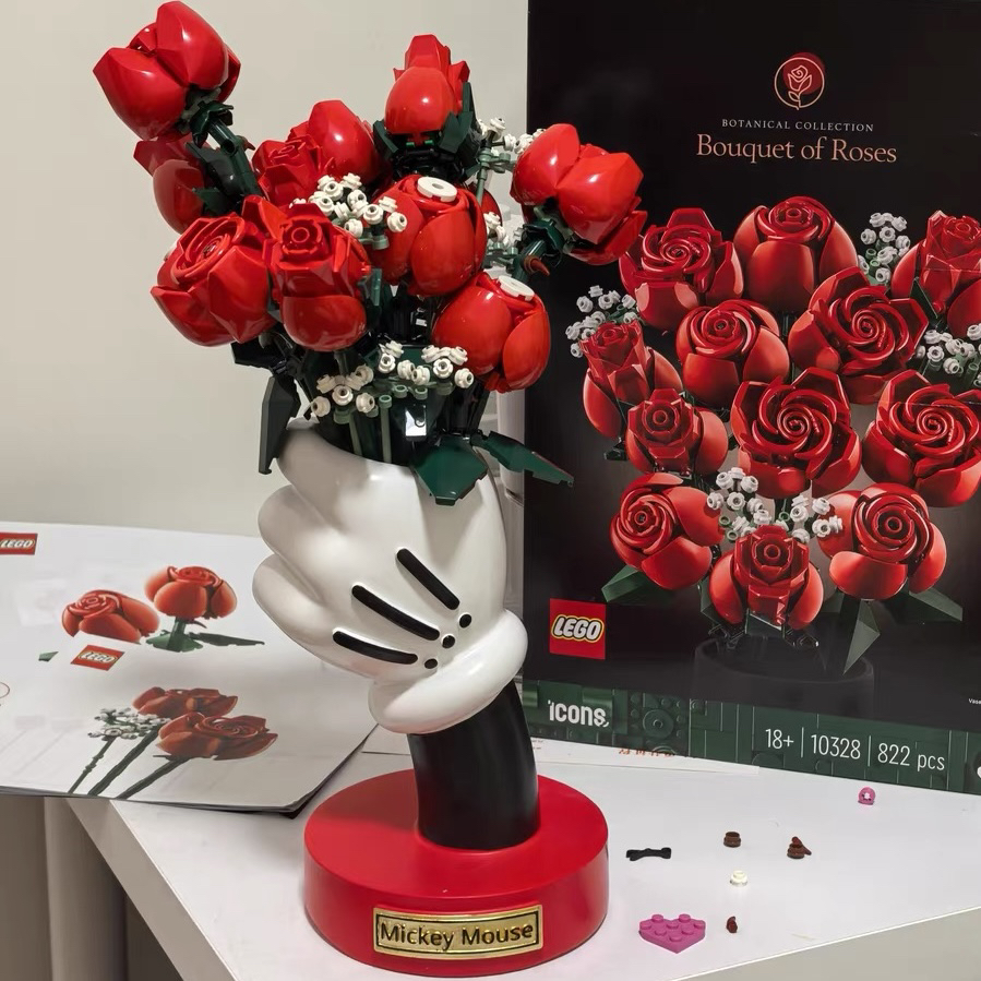 Ins国产花束花瓶配套米奇手花瓶升级款收纳积木10280玫瑰花10328