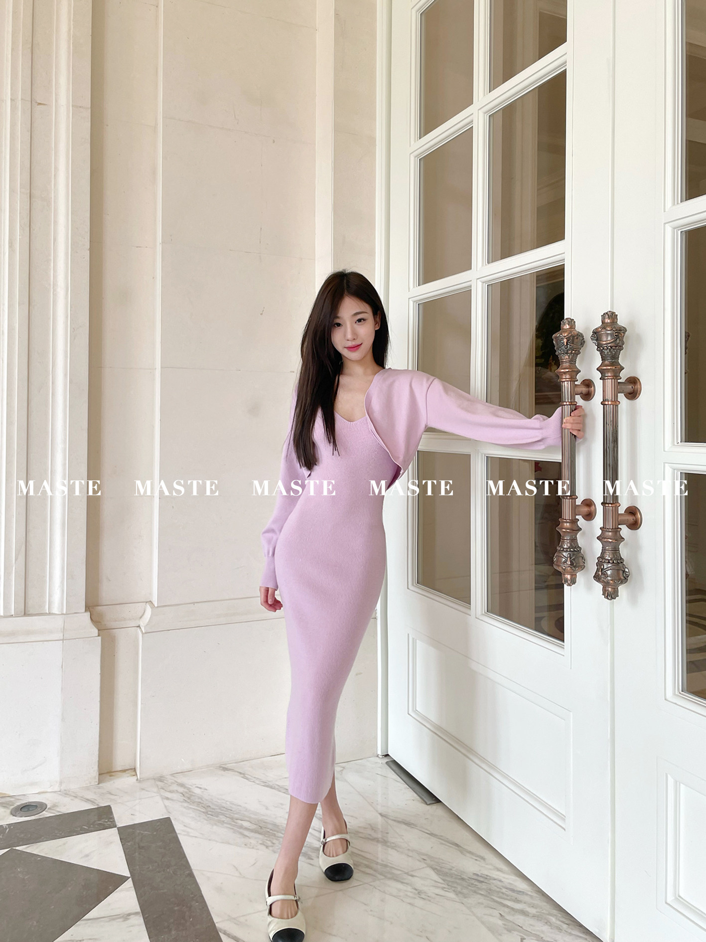 maste 天生浪漫 针织套装女两件套 气质修身 露背针织裙 坎肩外搭