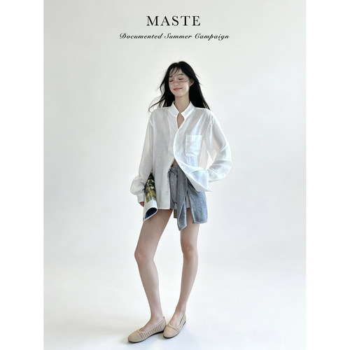 MASTE “一半帅气 一半轻盈”白色天丝亚麻老钱风立领衬衫