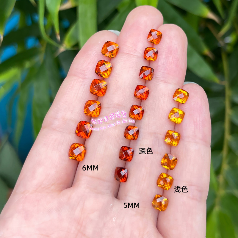 天然黄水晶裸石戒面 枕形5MM6MM格子面切工 橙黄色黄水晶原石配石