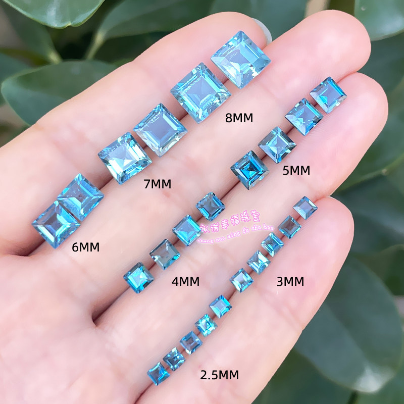 天然伦敦蓝托帕石裸石戒面 方形2.5 3 4 5 6 7 8MM 托帕石原石配