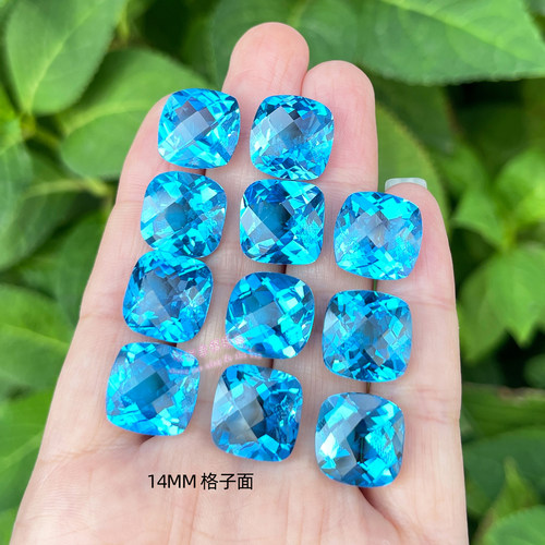 天然瑞士蓝托帕石 枕形14MM 格子面切工  托帕石裸石戒面原石