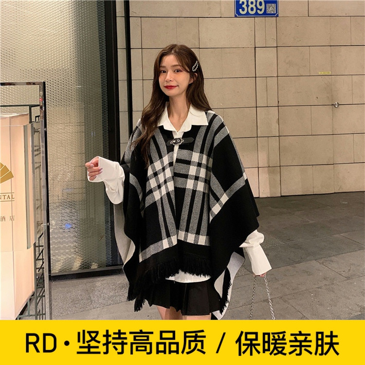 RD秋冬季黑白格子套头斗篷女加厚针织披肩保暖外穿外套时尚百搭