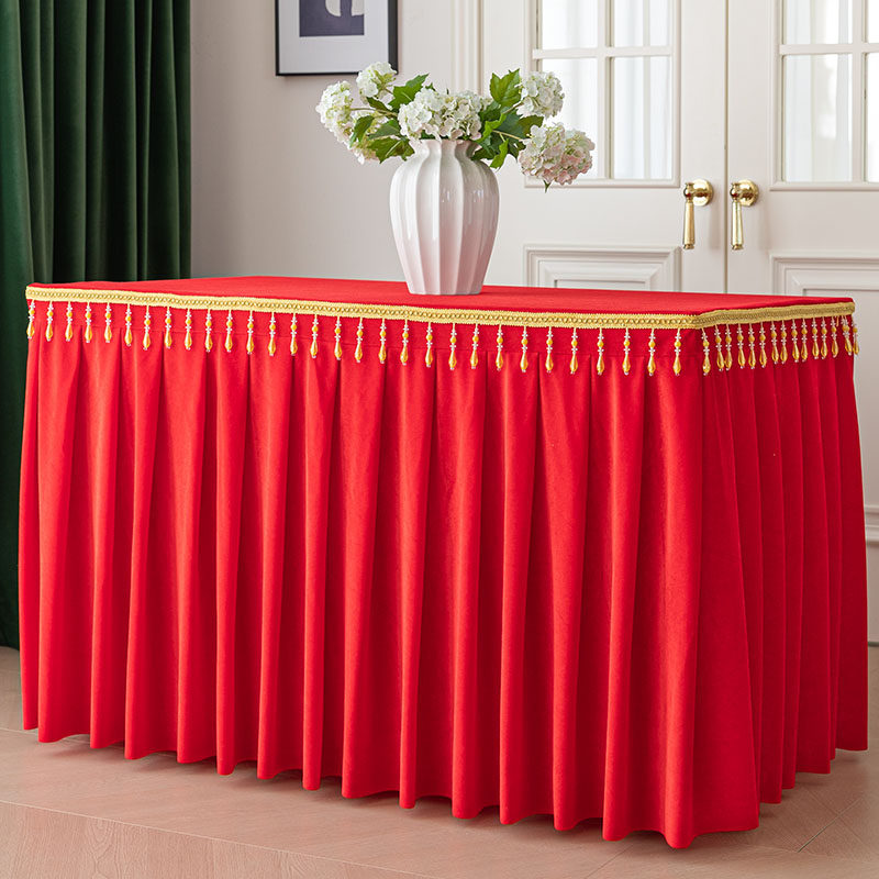 新款水晶珠吊穗金丝绒桌裙供桌寺庙佛堂会议自助餐签到台桌布桌裙
