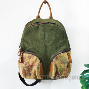 韩国正品黄麻砂洗做旧脏染休闲旅行小众设计复古文艺双肩背包书包