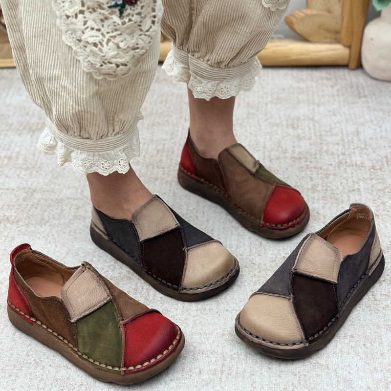 丑乐复古手工真皮拼色乐福鞋女一脚蹬软底女鞋子平底休闲鞋豆豆鞋,女鞋,乐福鞋（豆豆鞋）,淘宝优惠券,粉丝福利购,淘宝优惠卷