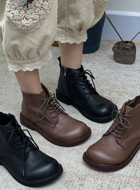 手工真皮短靴女复古大头靴子平跟牛皮单靴百搭英伦马丁靴加绒棉靴