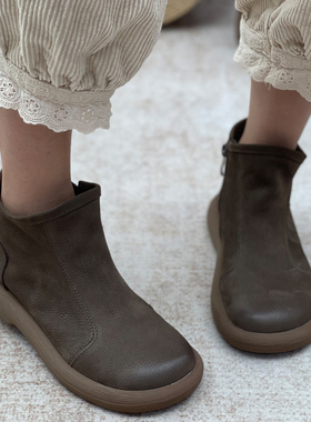 手工真皮短靴女复古女靴厚底短筒牛皮切尔西靴秋冬女鞋加绒马丁靴