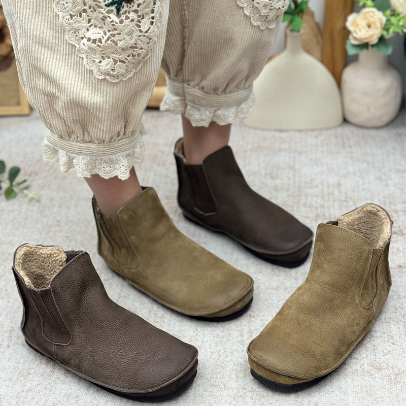 复古风软牛皮短靴女加绒加厚保暖二棉靴平底切尔西靴一脚蹬瘦瘦靴