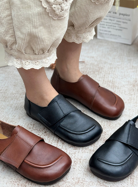 手工真皮单鞋女复古一脚蹬平底软皮软底防滑皮鞋中老年女鞋妈妈鞋