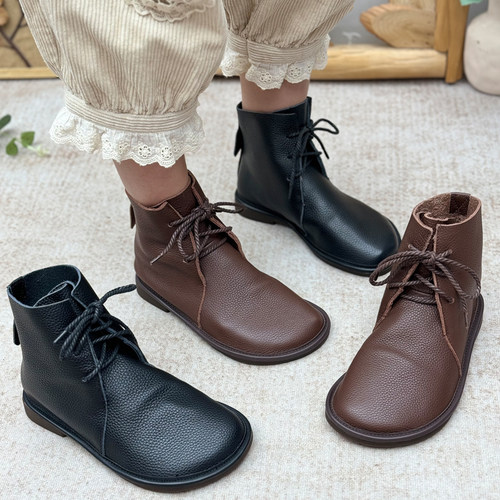 复古真皮马丁靴女2025新款休闲风系带短靴圆头百搭手工皮靴时装靴