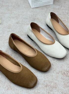 真皮浅口单鞋女2025春季新款复古牛皮平底女鞋一脚蹬奶奶鞋豆豆鞋