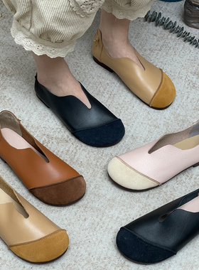 手工真皮复古鞋女春秋季森女系文艺范黑色平底鞋浅口舒适软皮单鞋