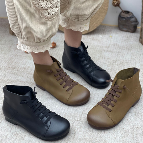 丑乐软底女靴手工真皮