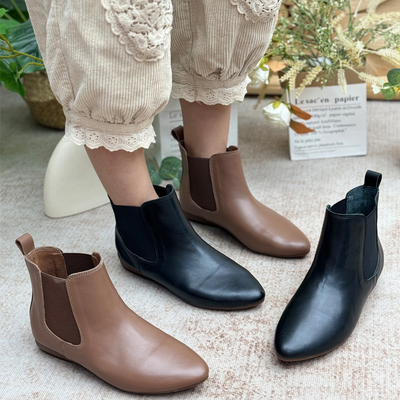 真皮休闲平底尖头短筒复古女靴