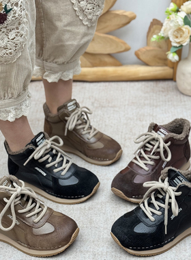 冬季真皮复古德训鞋女高帮冬季保暖加绒加厚休闲鞋松糕底系带棉鞋