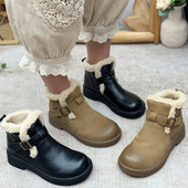 棉鞋 手工真皮厚底短靴女加绒保暖雪地靴复古风扣带装 饰短筒靴冬季