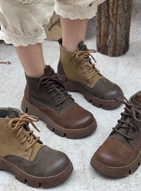 加绒厚底马丁靴女复古休闲牛皮靴子秋冬短靴保暖棉鞋女鞋中跟女靴