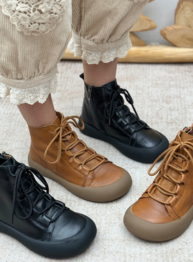 丑乐手工真皮短靴头层牛皮复古时装靴厚底增高单靴短筒靴子女百搭