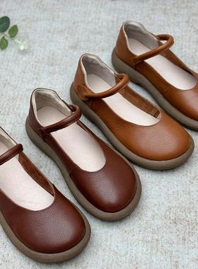丑乐真皮2025春季新款女鞋软底奶奶鞋手工复古休闲鞋浅口玛丽珍鞋