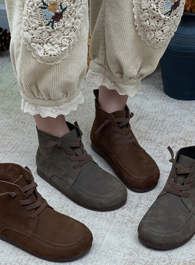 真皮马丁靴女秋冬新款民族风单靴加绒平跟百搭短靴子牛皮烟筒靴