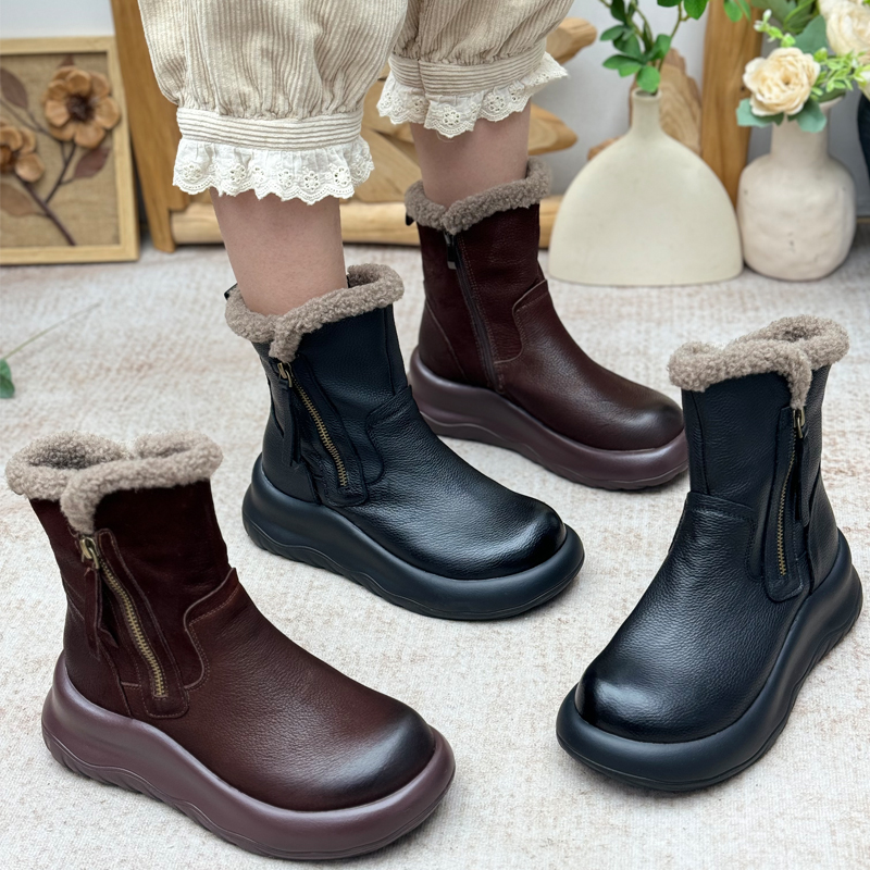 真皮厚底雪地靴女冬季加绒加厚保暖防滑短靴侧拉链马丁靴新款棉靴