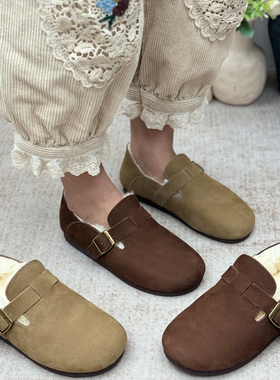 复古真皮勃肯鞋女冬季加绒加厚保暖毛毛鞋一脚蹬软底舒适大棉鞋子