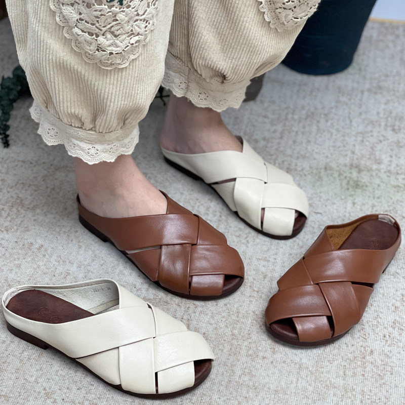 手工复古交叉懒人包头半拖鞋女真皮外穿镂空包头低跟拖鞋平底凉拖,女鞋,一字拖,淘宝优惠券,粉丝福利购,淘宝优惠卷