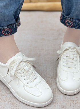 丑乐真皮小白鞋女极简风系带头层牛皮平底休闲板鞋百搭透气女鞋