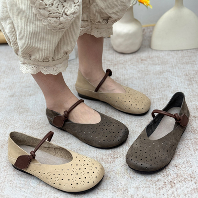 手工真皮洞洞鞋磨砂镂空凉鞋平底2025新款软底头层牛皮夏季女鞋