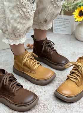 手工真皮短靴女复古牛皮厚底马丁靴增高2025新款女鞋百搭短筒靴子