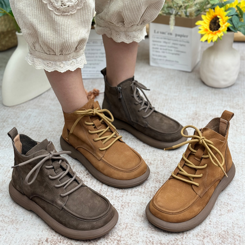 手工真皮女靴复古风2025新款单靴牛皮休闲鞋平底马丁靴轻便妈妈鞋