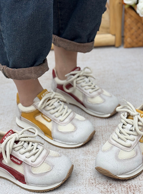 2026春季新款真皮运动休闲鞋女网面透气复古阿甘鞋百搭系带女鞋子