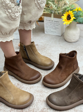 手工真皮短靴2025秋季新款复古短筒休闲马丁靴平底牛皮切尔西靴女