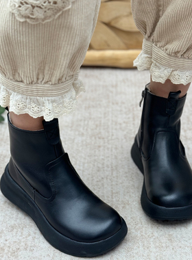 复古真皮厚底马丁靴女加绒加厚保暖短靴增高雪地靴百搭黑色靴子