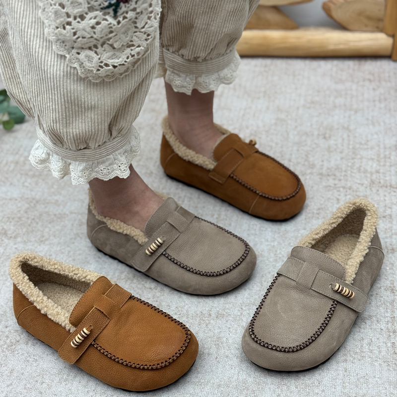 冬季真皮加绒乐福鞋女内增高