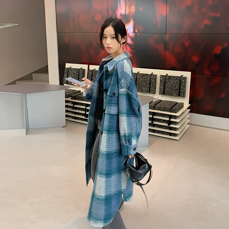 现货时尚格子毛呢宽松长款大衣显瘦百搭外套1917,女装毛呢外套,韩秀