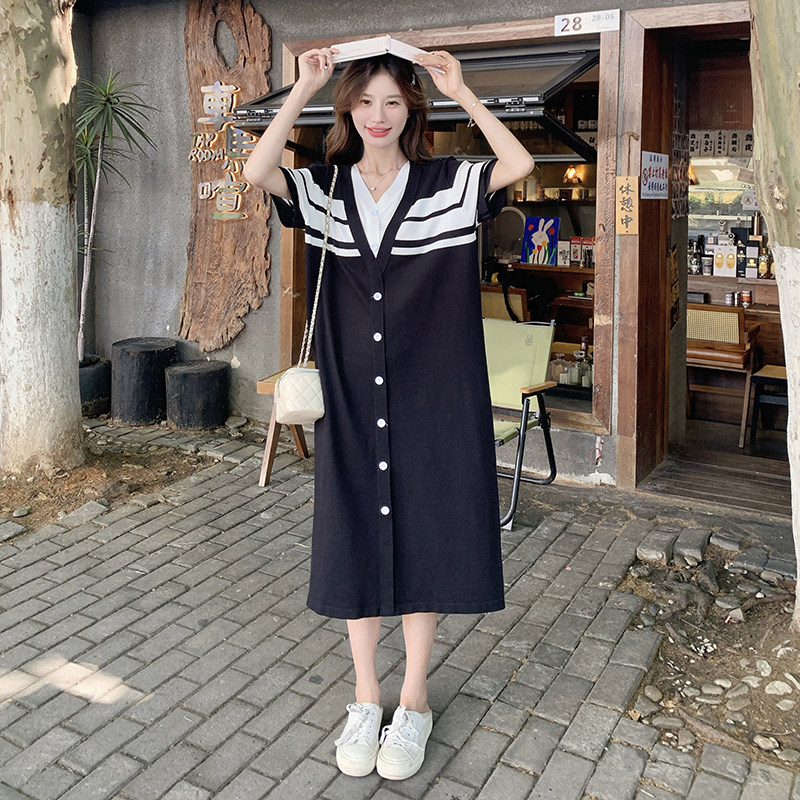 现货夏装新款针织黑白撞色宽松版连衣裙8161p120k178,女装连衣裙,韩秀