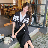 现货夏装新款针织黑白撞色宽松版连衣裙8161p120k178，女装连衣裙，韩秀