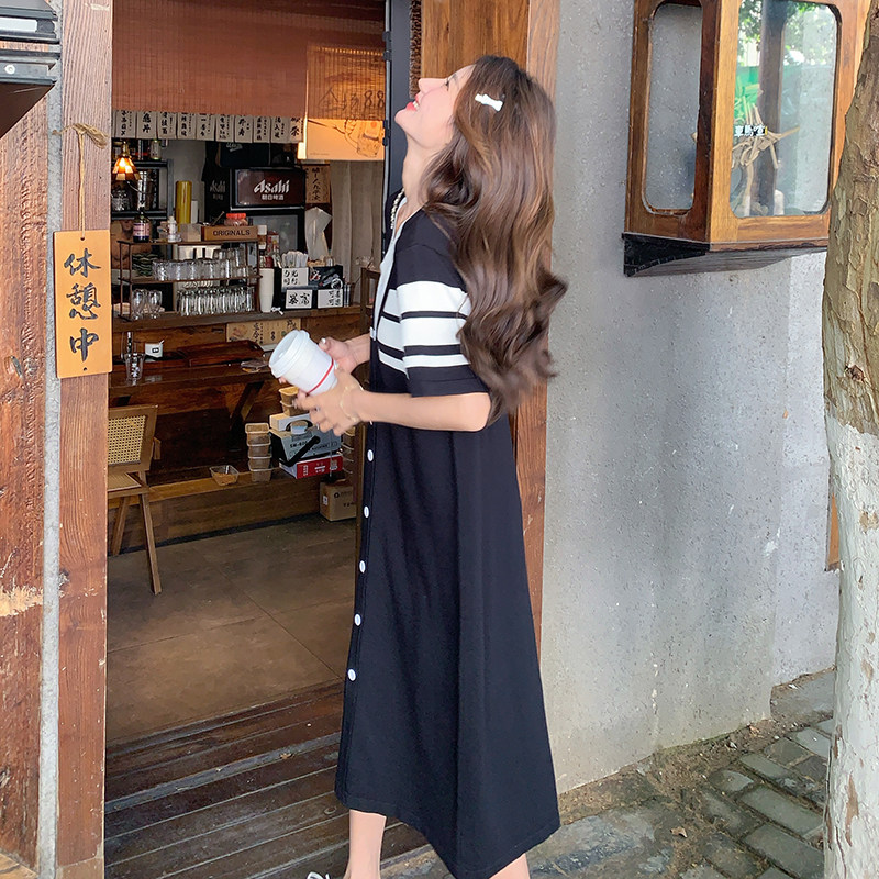 现货夏装新款针织黑白撞色宽松版连衣裙8161p120k178,女装连衣裙,韩秀