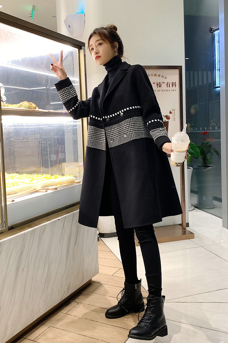 现货时尚格子拼接中长款毛呢大衣显瘦外套,女装毛呢外套,韩秀