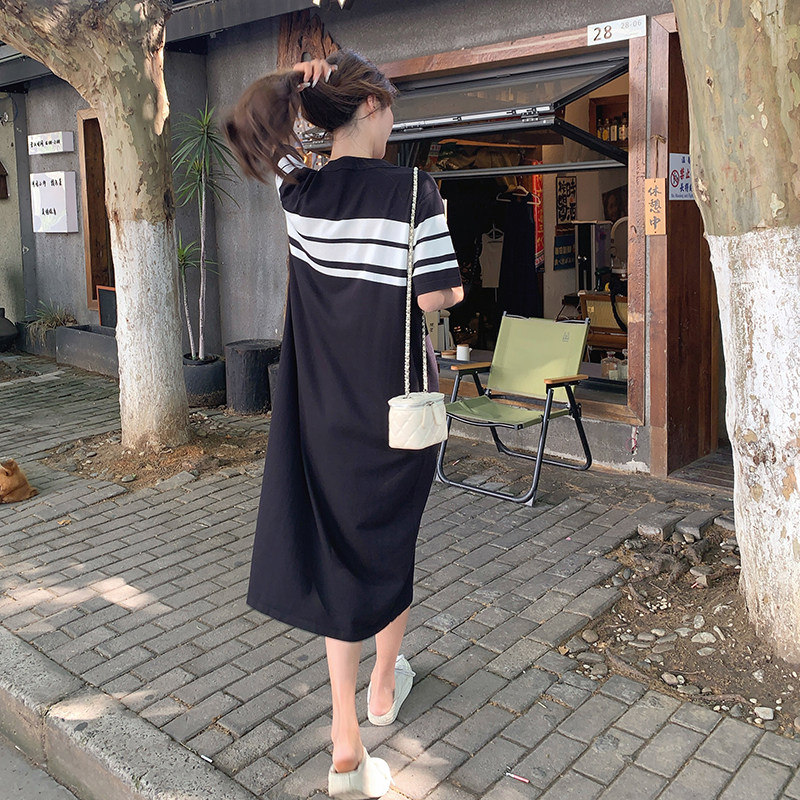 现货夏装新款针织黑白撞色宽松版连衣裙8161p120k178,女装连衣裙,韩秀