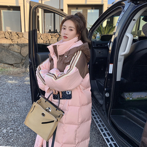 秋冬新款撞色拼接中长款羽绒服女 加厚保暖显瘦外套图片