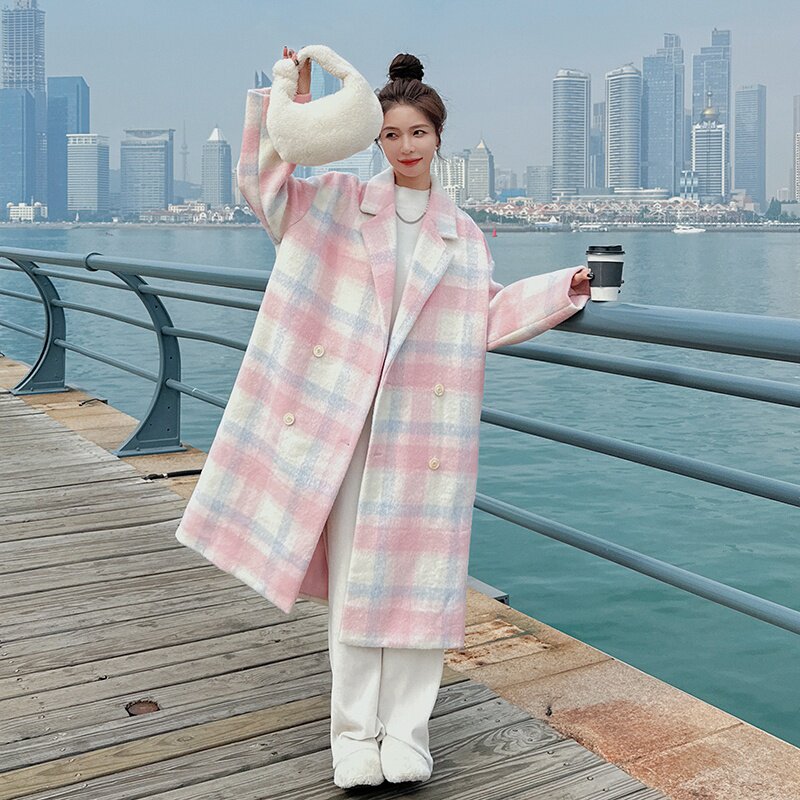 加棉宽松格子大衣女装毛呢外套显瘦长款气质外套,女装毛呢外套,韩秀