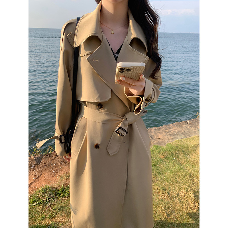 卡其色系带收腰长款风衣外套女2025春季新款高级感韩系英伦风大衣,商品下架区,韩秀