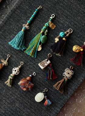 DIY提溜桃核葫芦驼骨阿呆牌纯铜镶钻金刚杵牛骨藏风阿呆料器原创