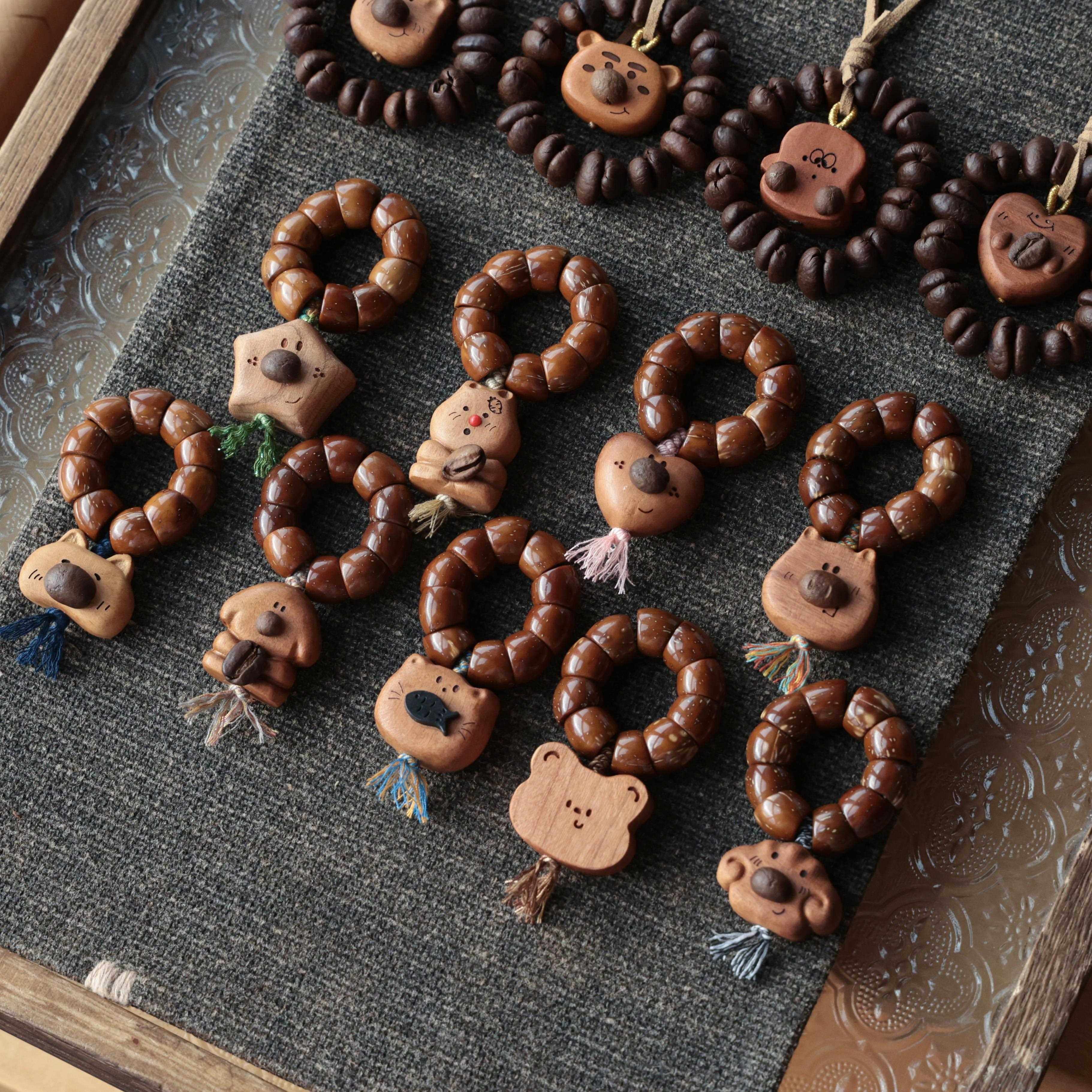 紫金鼠大肠搭配桃木小熊手捻咖啡豆兔子星星爱心豆小狗猪手捻指环