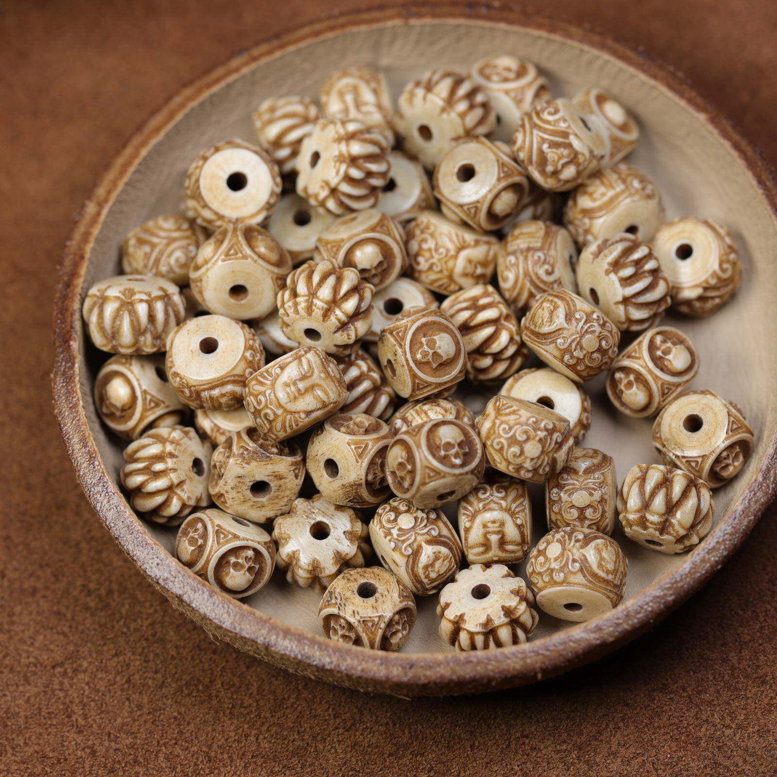老料藏式牦牛骨散珠雕刻吞噬尸陀林桶珠DIY文玩配珠隔珠配件