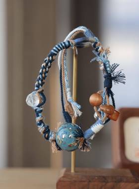 海蓝流体大漆精工手绳搭配天然白水晶手工编织手绳手链文玩配饰品