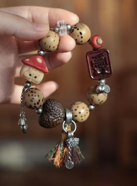 原创千眼菩提手链搭配鹿角根付兔子蘑菇沉香爱心紫檀爱神牌配饰